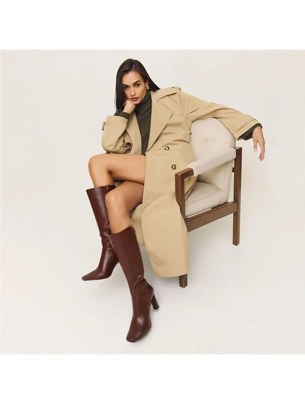 Uacllcau Women's Tall Brown Leather High-Heel Boot